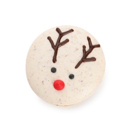 Tasty reindeer Christmas macaron isolated on white, top view
