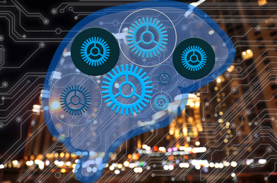  Illustration of brain with circuit board pattern and night cityscape on background. Machine learning concept 
