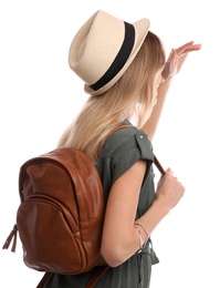 Woman with backpack on white background. Summer travel