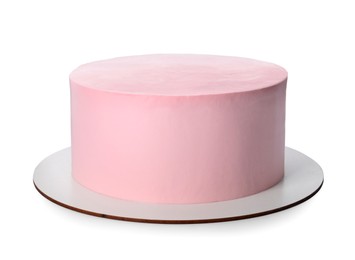 Photo of Delicious pink cake on white background. Birthday celebration