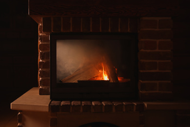 Contemporary fireplace with wood in cottage, closeup view