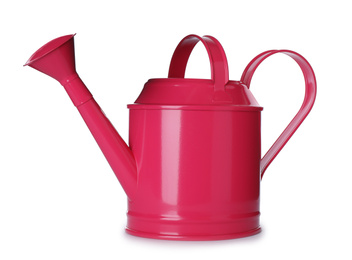 Photo of Pink metal watering can isolated on white