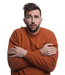 Man suffering from fever on white background. Cold symptoms