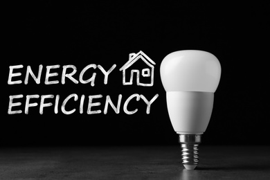 Energy efficiency concept. Modern lamp bulb on table