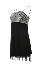 Beautiful short black party dress with paillettes on white background