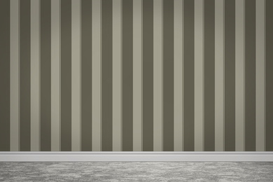 Striped wallpaper and grey floor in room