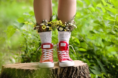 Woman standing on stump with flowers in socks outdoors, closeup