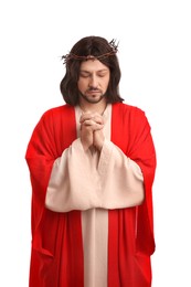 Jesus Christ with crown of thorns praying on white background