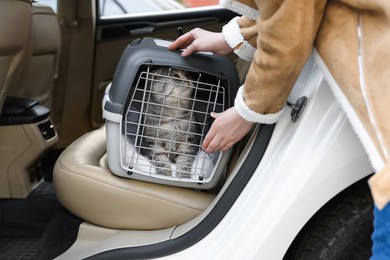 Woman putting carrier with cute Scottish fold cat into car, closeup
