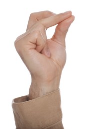 Man snapping fingers on white background, closeup of hand