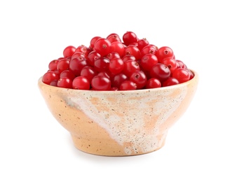 Photo of Fresh ripe cranberries in bowl isolated on white