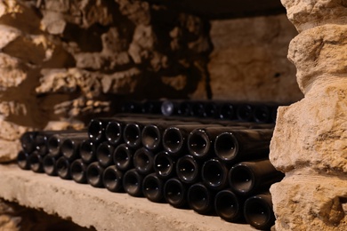 Many wine bottles on shelf in cellar