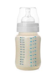 Feeding bottle with infant formula on white background. Baby milk