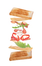 Delicious sandwich with flying toasted bread, fried bacon and other ingredients on white background