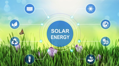 Solar energy concept. Scheme with icons and sky over green grass on background