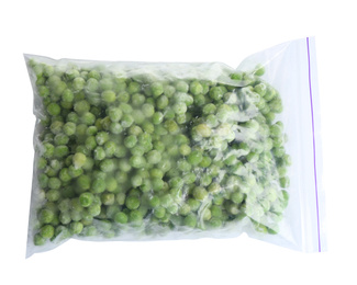 Frozen peas in plastic bag isolated on white, top view. Vegetable preservation