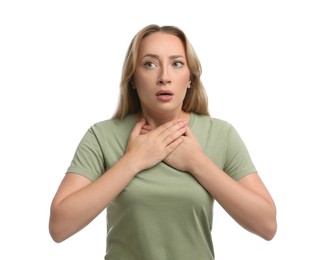 Young woman suffering from pain during breathing on white background