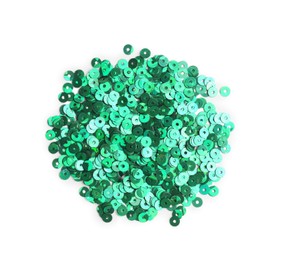 Pile of green sequins isolated on white, top view