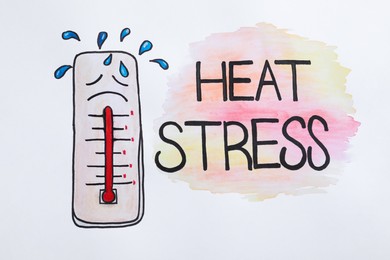 Words Heat Stress and thermometer drawn on white background, top view