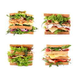 Set of different yummy sandwiches on white background 