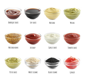 Set of different delicious sauces and condiments with names on white background