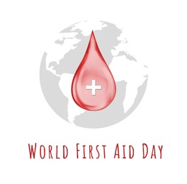 World First Aid Day. Drop of blood with cross symbol and Earth on white background, illustration 