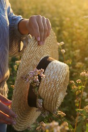 Woman with hat in beautiful blossoming buckwheat field, closeup