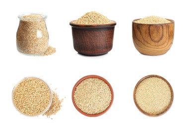 Image of Set with raw quinoa in white background 