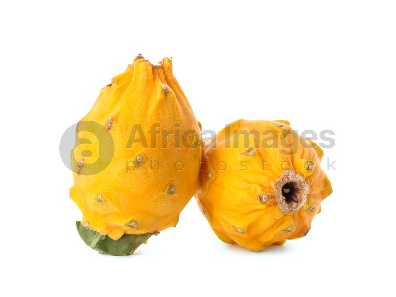 Delicious yellow dragon fruits (pitahaya) on white background