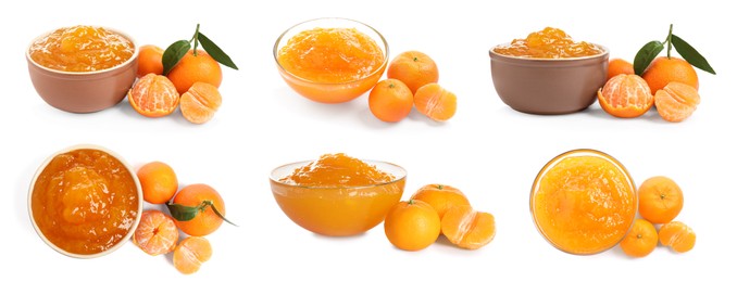 Set with tasty tangerine jam and fresh fruits on white background. Banner design