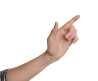 Woman pointing at something on white background, closeup