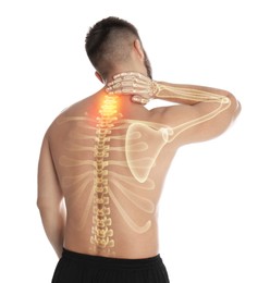 Man having neck pain on white background. Digital compositing with illustration of spine 
