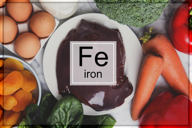 Image of Fresh products rich in iron on table, flat lay 