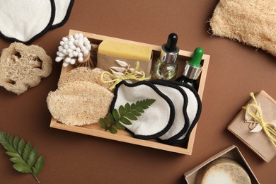 Flat lay composition with eco friendly products on brown background