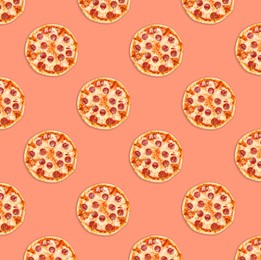 Many delicious pepperoni pizzas on coral background, flat lay. Seamless pattern design