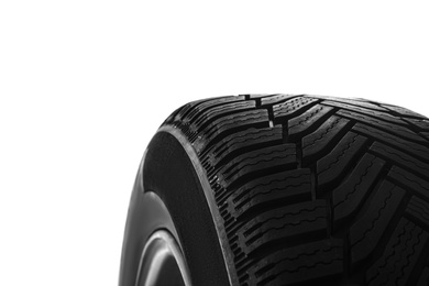 Wheel with winter tire on white background, closeup