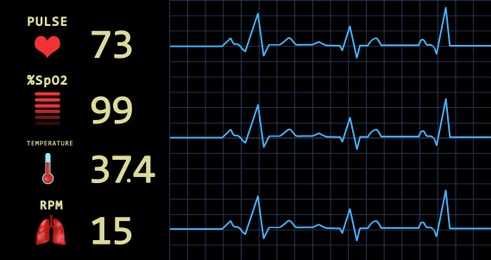 Cardiogram and data on display of heart rate monitor. Illustration