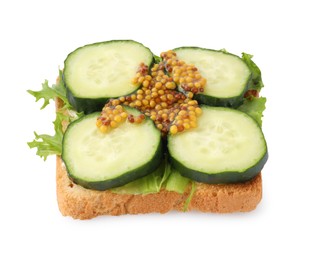 Photo of Tasty cucumber sandwich with arugula and mustard isolated on white