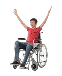 Emotional teen boy in wheelchair on white background