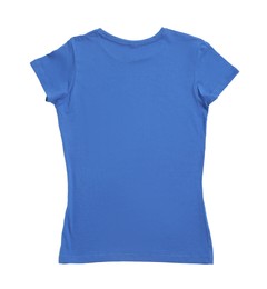 Photo of Stylish blue female T-shirt isolated on white, top view