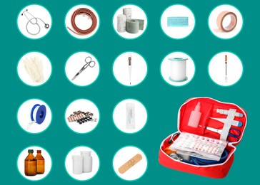 First aid kit.  Different medical supplies on color background, collage