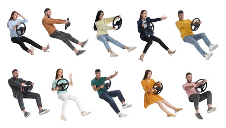 Emotional people with steering wheels on white background, collage. Banner design