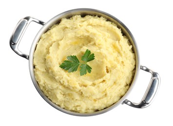Pot of tasty mashed potatoes with parsley isolated on white, top view