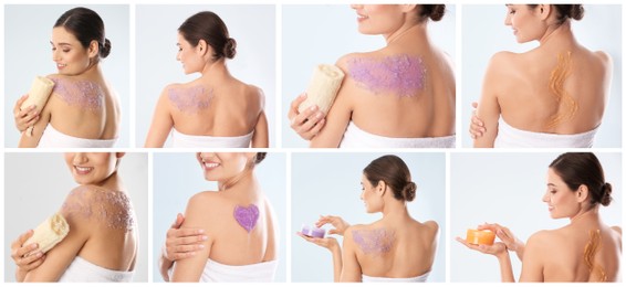 Collage with photos of young woman applying body scrubs on light grey background, closeup. Banner design