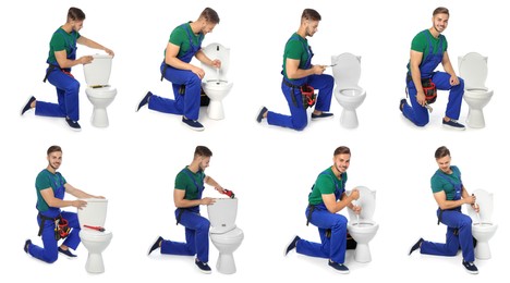 Collage with photos of plumber repairing toilet bowl on white background