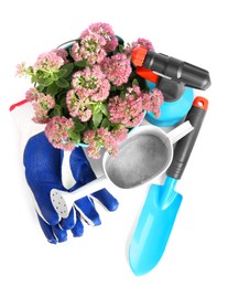 Photo of Watering can with flowers and gardening tools on white background