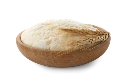 Bowl with dough for pastries and spikelets isolated on white