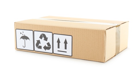 Cardboard box with shipping label isolated on white
