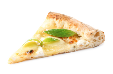 Photo of Slice of tasty cheese pizza with basil isolated on white