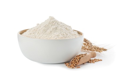 Flour in bowl, spikelets and scoop with grains on white background